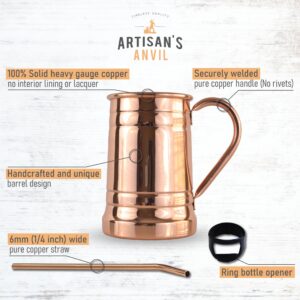 Artisan's Anvil Moscow Mule Mugs Beer Stein Set of 4 + Copper Straws + Bottle Opener Four Solid 18 oz Copper Mugs Gift Set – 100% Pure Copper Unique Tankard Look – Handmade Unlined Copper Cups