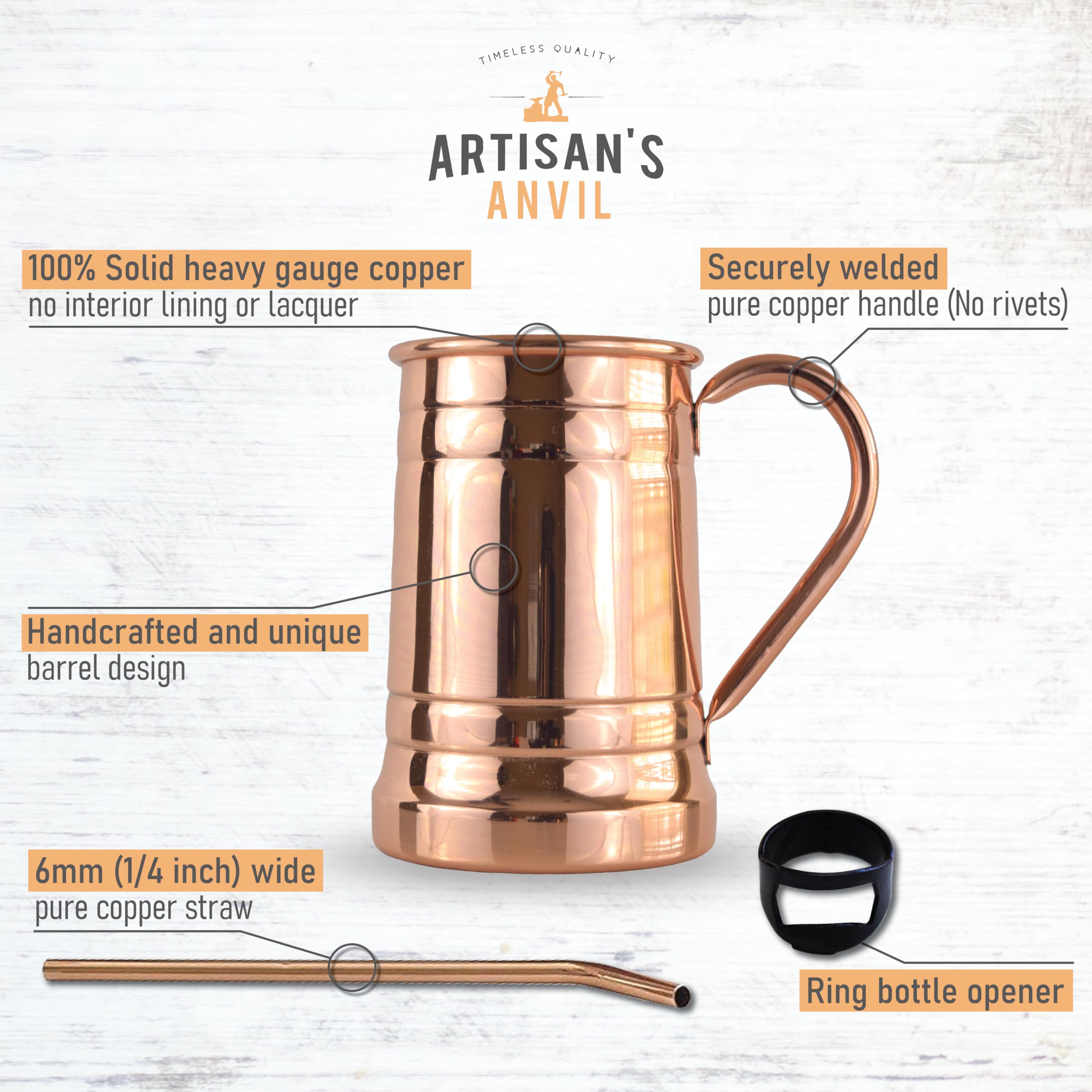 Artisan's Anvil Moscow Mule Mugs Beer Stein Set of 4 + Copper Straws + Bottle Opener Four Solid 18 oz Copper Mugs Gift Set – 100% Pure Copper Unique Tankard Look – Handmade Unlined Copper Cups