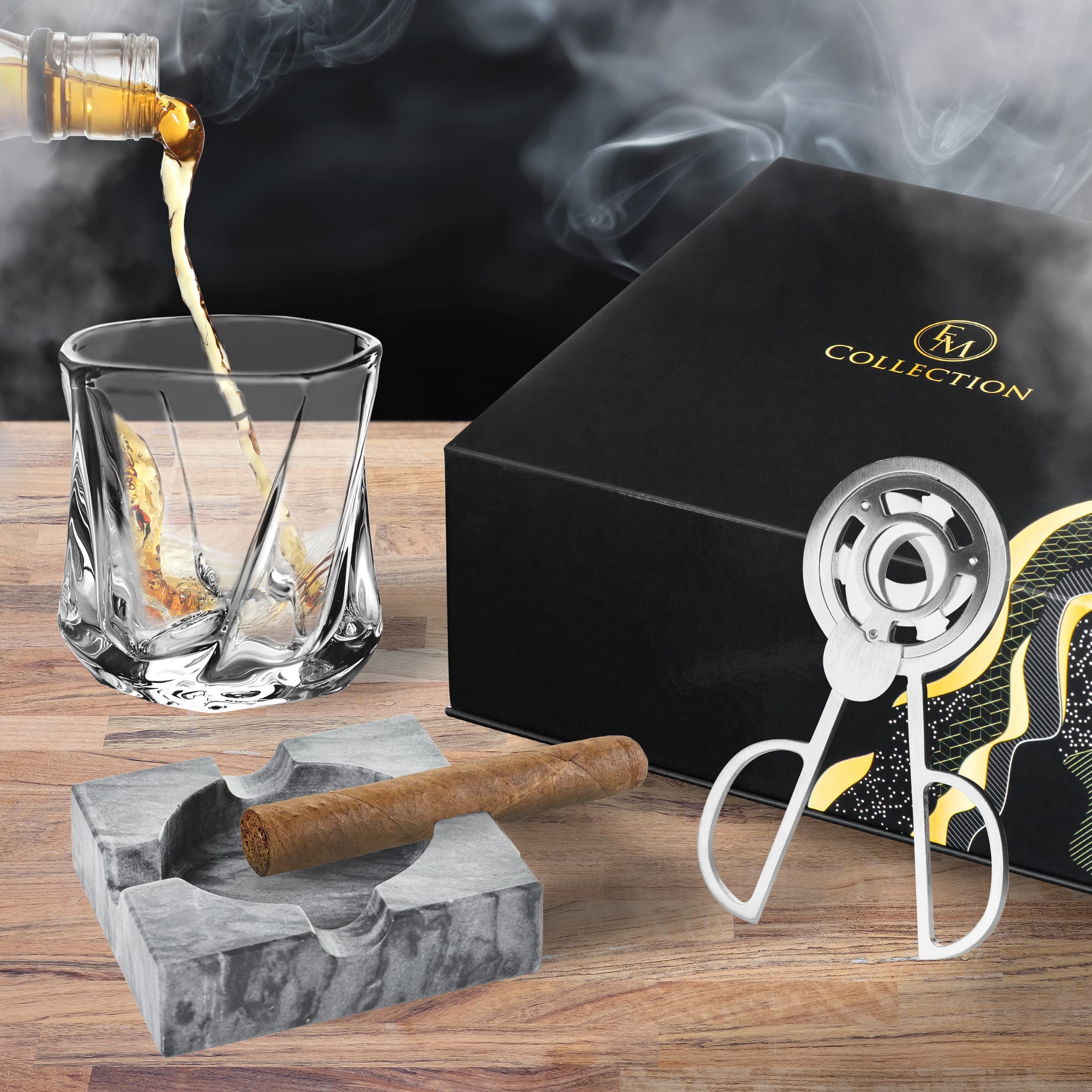 EMCOLLECTION Whiskey Glass Gifts for Men, Bourbon Glasses Old Fashioned | Cigar Cutter Set | Marble Square Cigar Ashtray | Whiskey Glasses Luxury Box | Christmas Gifts for Cigar Lovers