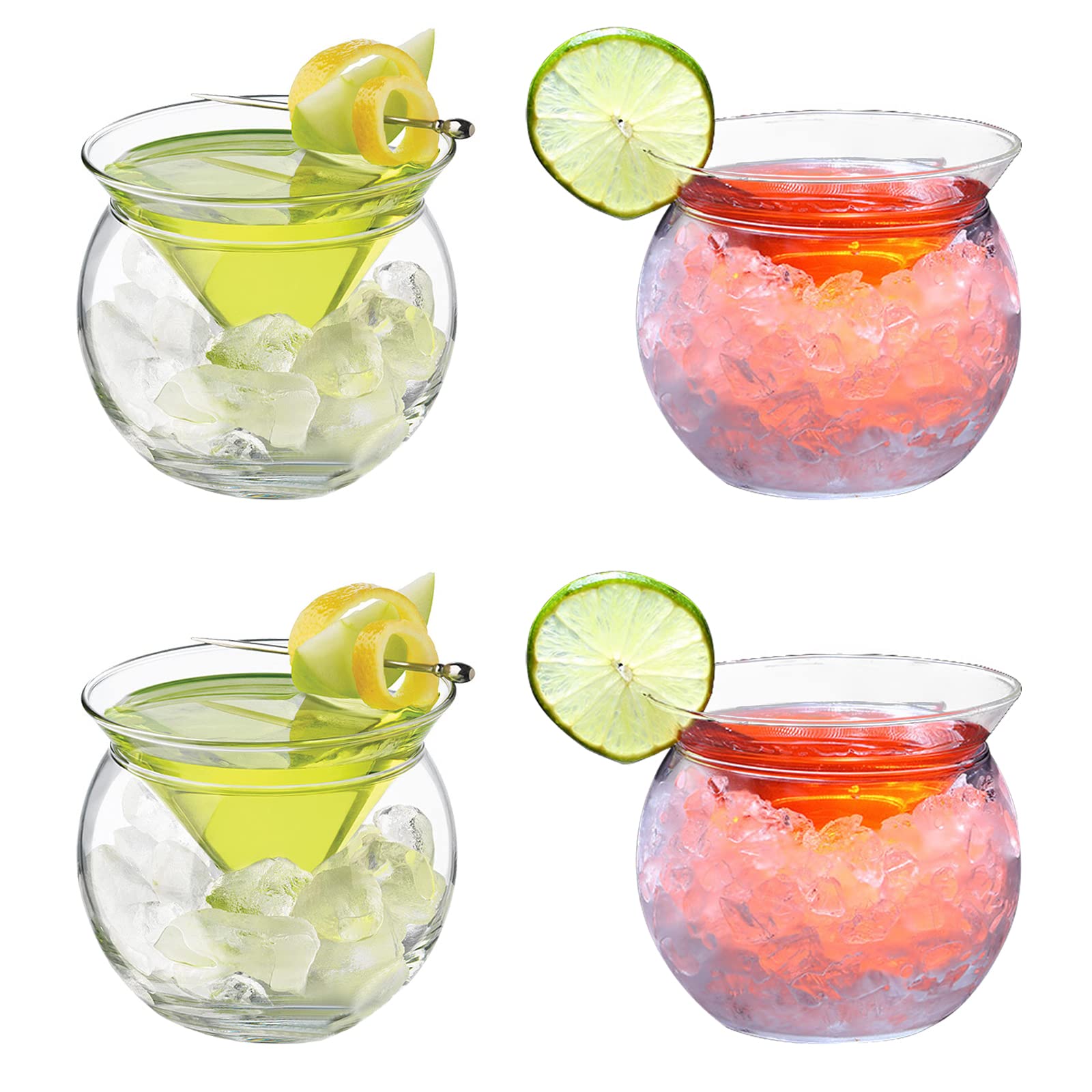 Firlar Stemless Martini Glasses with Chiller Set of 4, 9 oz Cocktail Glass Set with Cavier Server Bowl for Martini, Ice Cream, Stemless Wine Glasses, Universal Martini, Wine, Liquor Cocktail Chiller