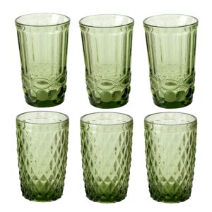 whw whole house worlds baroque highball tumbler glasses, set of 6, translucent green, glass, weighted, 12 fluid ounces/ 300 ml, 5 inches tall, faceted and beaded arabesque patterns