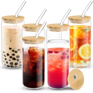 dyserbuy glass cups with bamboo lids and glass straw 6pcs set, 16oz drinking glasses, beer iced coffee glasses, tumbler cup, ideal for smoothie, boba tea, whiskey, water