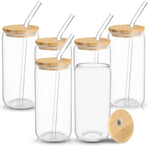 Dyserbuy Glass Cups with Bamboo Lids and Glass Straw 6pcs Set, 16oz Drinking Glasses, Beer Iced Coffee Glasses, Tumbler Cup, Ideal for Smoothie, Boba Tea, Whiskey, Water