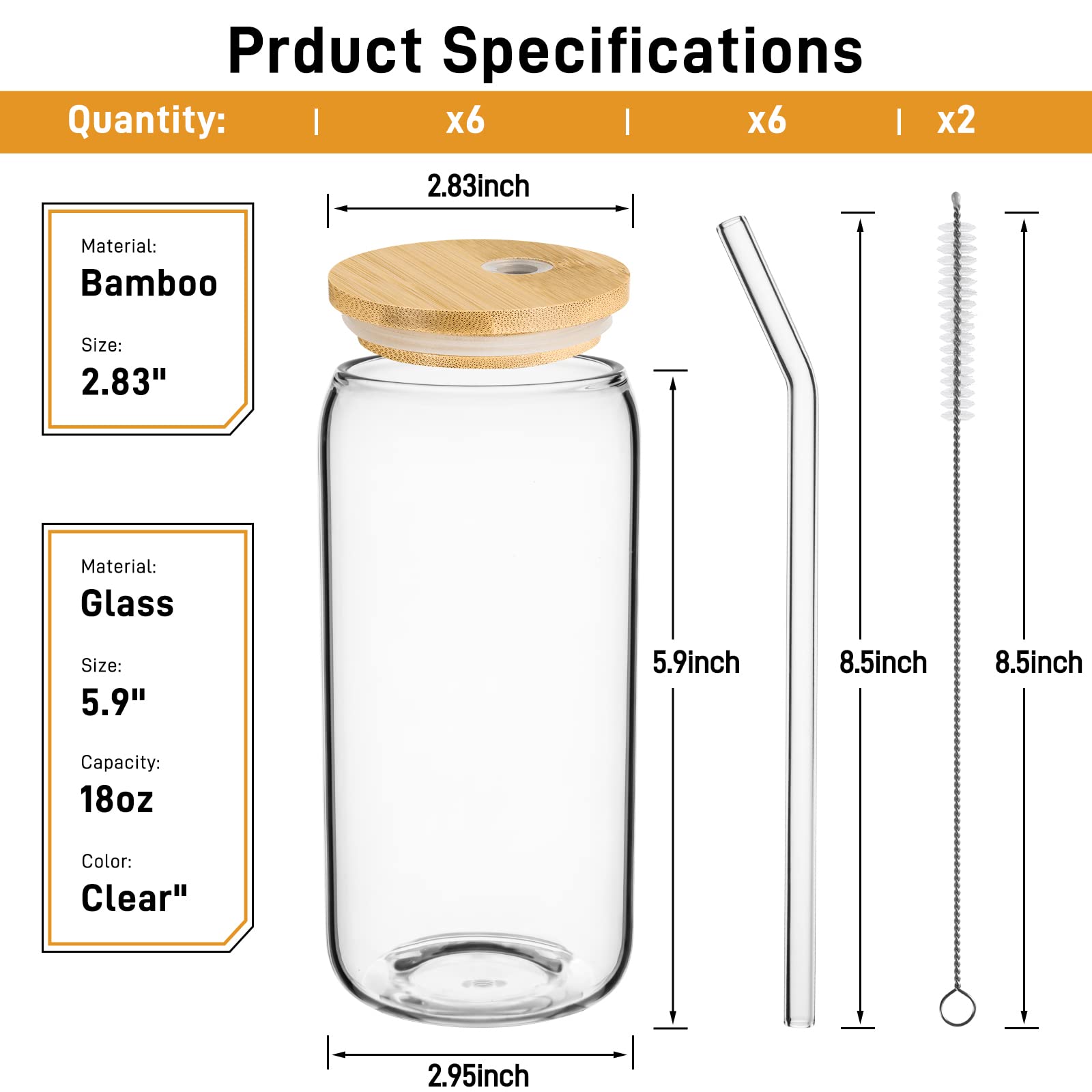 Dyserbuy Glass Cups with Bamboo Lids and Glass Straw 6pcs Set, 16oz Drinking Glasses, Beer Iced Coffee Glasses, Tumbler Cup, Ideal for Smoothie, Boba Tea, Whiskey, Water