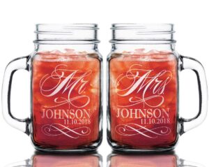 custom etched mr. mrs. personalized mason mugs with handle with last name and date set of 2, clear