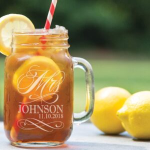 Custom Etched Mr. Mrs. Personalized Mason Mugs with Handle With Last Name and Date Set of 2, Clear
