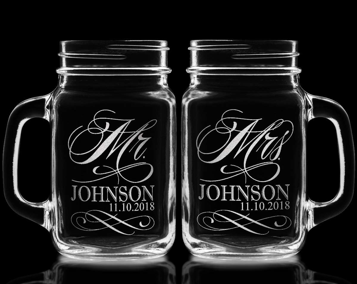 Custom Etched Mr. Mrs. Personalized Mason Mugs with Handle With Last Name and Date Set of 2, Clear