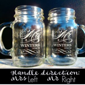 Custom Etched Mr. Mrs. Personalized Mason Mugs with Handle With Last Name and Date Set of 2, Clear