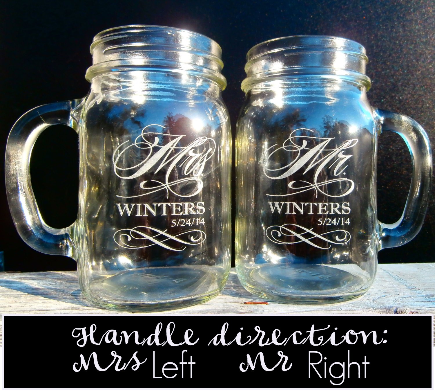 Custom Etched Mr. Mrs. Personalized Mason Mugs with Handle With Last Name and Date Set of 2, Clear