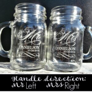 Custom Etched Mr. Mrs. Personalized Mason Mugs with Handle With Last Name and Date Set of 2, Clear