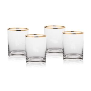whiskey glasses - set of 4, 11oz scotch glasses, gold rimmed whiskey glasses, bar glassware, unique and classy lowball glass set for whiskey, bourbon, and scotch lovers
