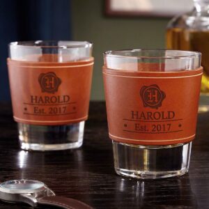 wax seal whiskey glasses with personalized leather wrap, set of 2 (custom product)
