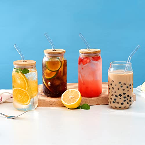 Newsphere Drinking Glasses with Bamboo Lids and Glass Straw 4pcs 16oz Beer Cup Glass Set, Cocktail Glasses, Iced Tea Glasses, Iced Coffee Glasses, Soda Glass Tumbler, Blue