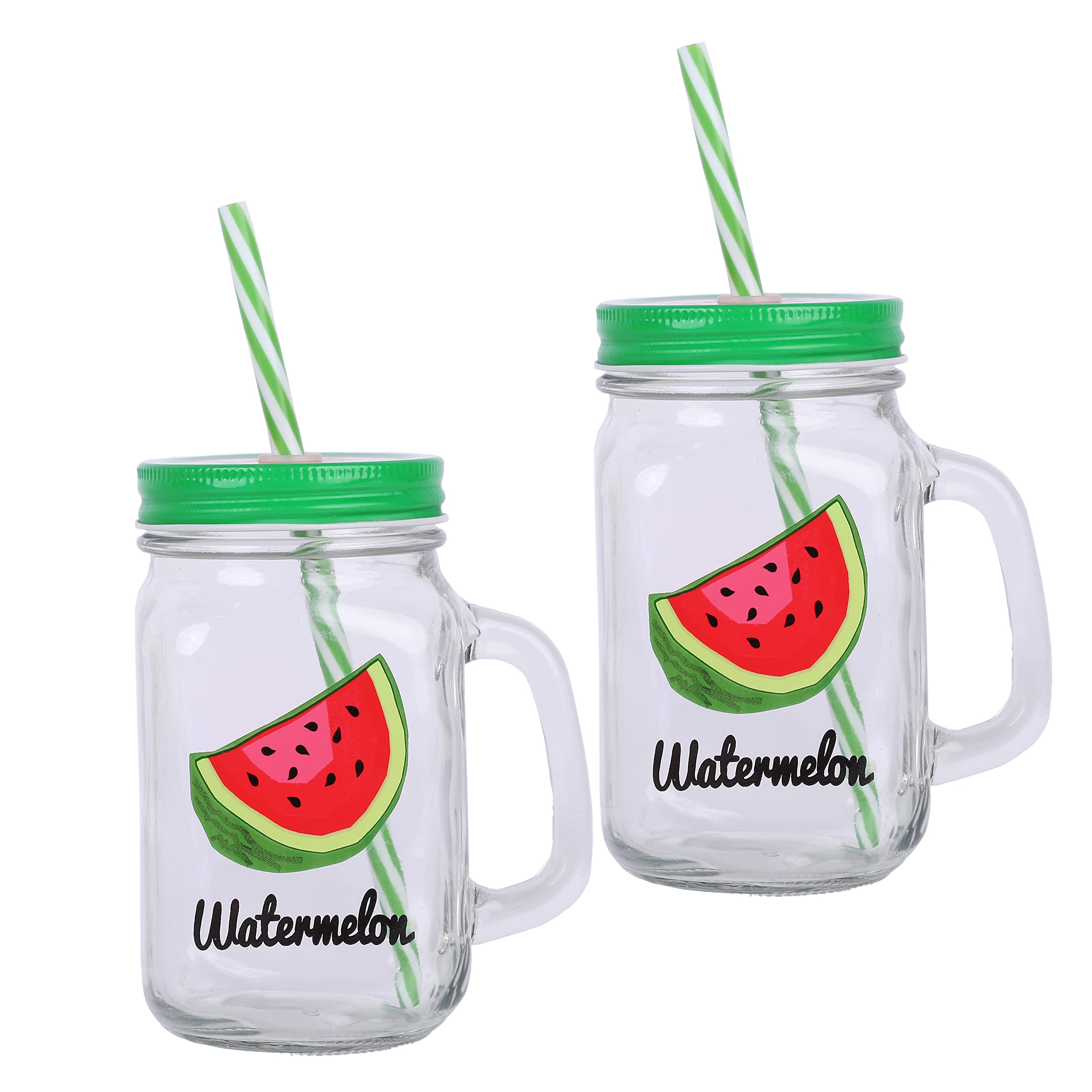 Mason Jar 15oz/450mL with Lid & Straw Drinking Glasses Printed Watermelon - Set of 2