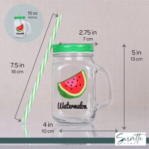 Mason Jar 15oz/450mL with Lid & Straw Drinking Glasses Printed Watermelon - Set of 2