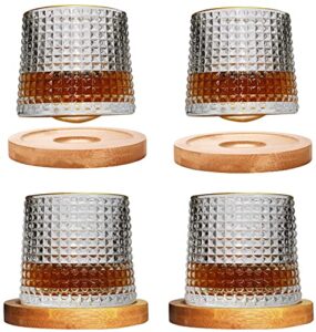 cyauatt spinning whiskey glasses 6.2oz set of 4,rotatable tumbler crystal glasses with bamboo coasters,rotating old fashioned glasses,perfect drinking gifts suitable for scotch,brandy,cocktail,rum