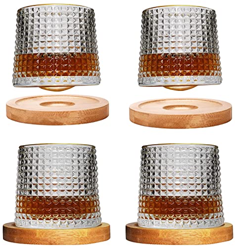 Cyauatt Spinning Whiskey Glasses 6.2oz Set of 4,Rotatable Tumbler Crystal Glasses with Bamboo Coasters,Rotating Old Fashioned Glasses,Perfect Drinking Gifts Suitable for Scotch,Brandy,Cocktail,Rum