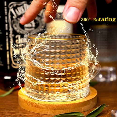 Cyauatt Spinning Whiskey Glasses 6.2oz Set of 4,Rotatable Tumbler Crystal Glasses with Bamboo Coasters,Rotating Old Fashioned Glasses,Perfect Drinking Gifts Suitable for Scotch,Brandy,Cocktail,Rum