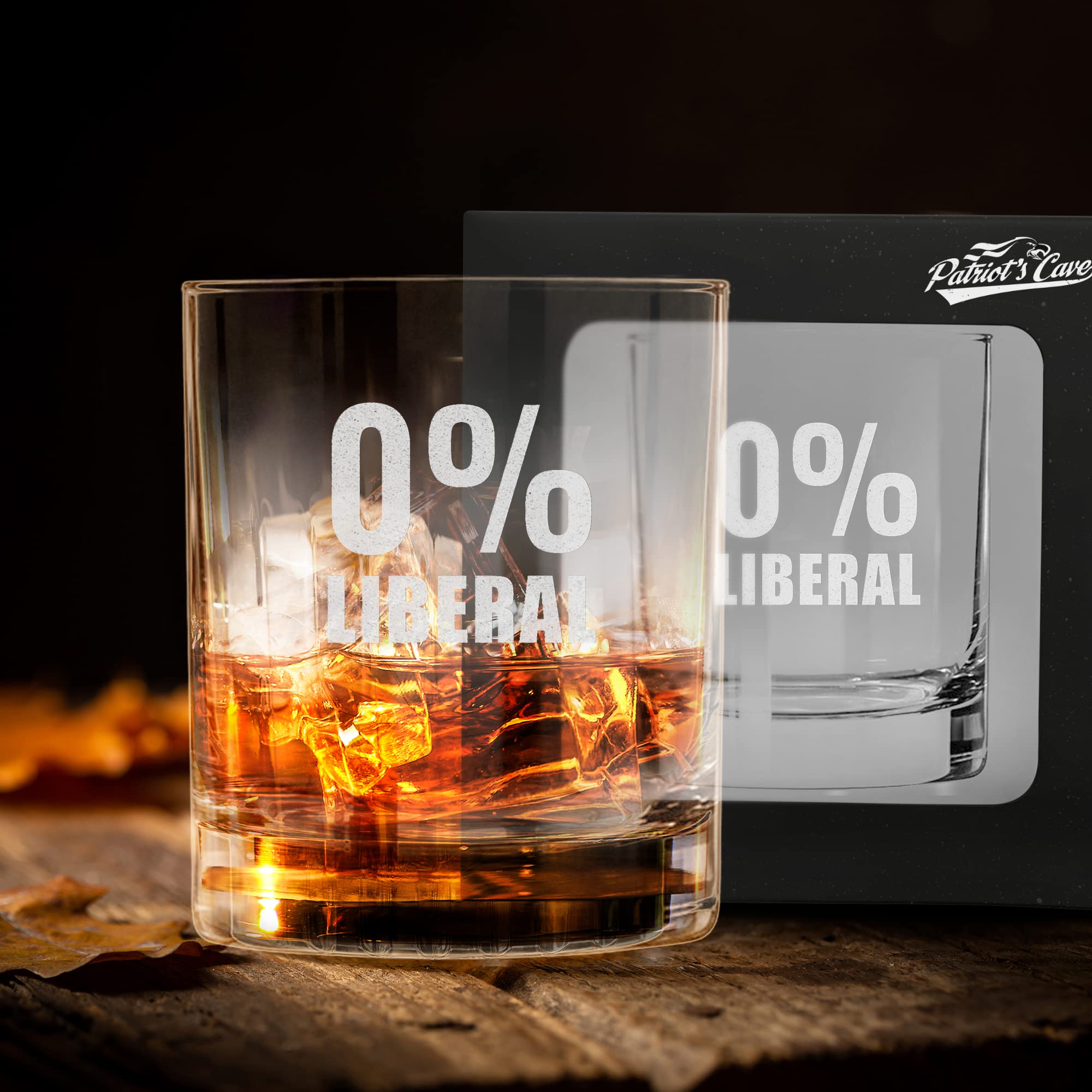 Patriots Cave 0% Liberal | Republican Trump Glass | 11 oz Bourbon Whiskey Rock Glass | Old Fashioned Whiskey Tasting Glasses For Men | Retirement Gifts For Men | Made In USA