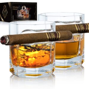youyah cigar whiskey glasses with cigar holder-set of 2, cigar accessories, crystal whisky glass set with indented cigar rest for brandy, cocktail, gifts for men(8.5oz)