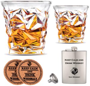 vaci crystal whiskey glasses – set of 2 bourbon glasses, tumblers for drinking scotch, cognac, irish whisky, large 10oz premium lead-free with stainless steel flasks, cups, luxury gift box