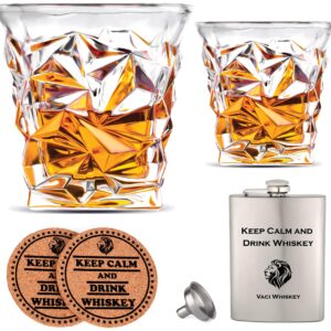 Vaci Crystal Whiskey Glasses – Set of 2 Bourbon Glasses, Tumblers for Drinking Scotch, Cognac, Irish Whisky, Large 10oz Premium Lead-Free with Stainless Steel Flasks, Cups, Luxury Gift Box