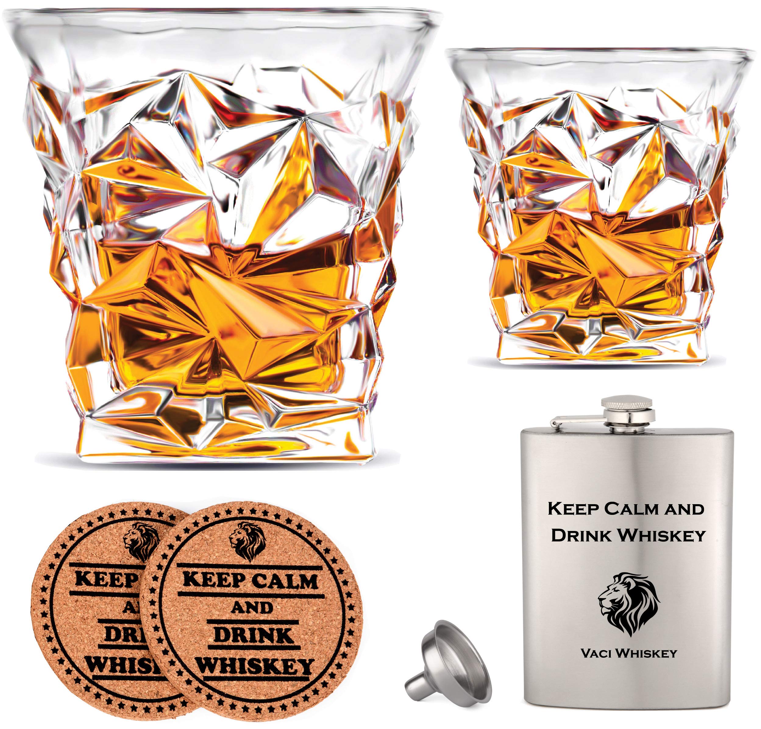 Vaci Crystal Whiskey Glasses – Set of 2 Bourbon Glasses, Tumblers for Drinking Scotch, Cognac, Irish Whisky, Large 10oz Premium Lead-Free with Stainless Steel Flasks, Cups, Luxury Gift Box