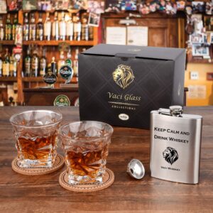 Vaci Crystal Whiskey Glasses – Set of 2 Bourbon Glasses, Tumblers for Drinking Scotch, Cognac, Irish Whisky, Large 10oz Premium Lead-Free with Stainless Steel Flasks, Cups, Luxury Gift Box