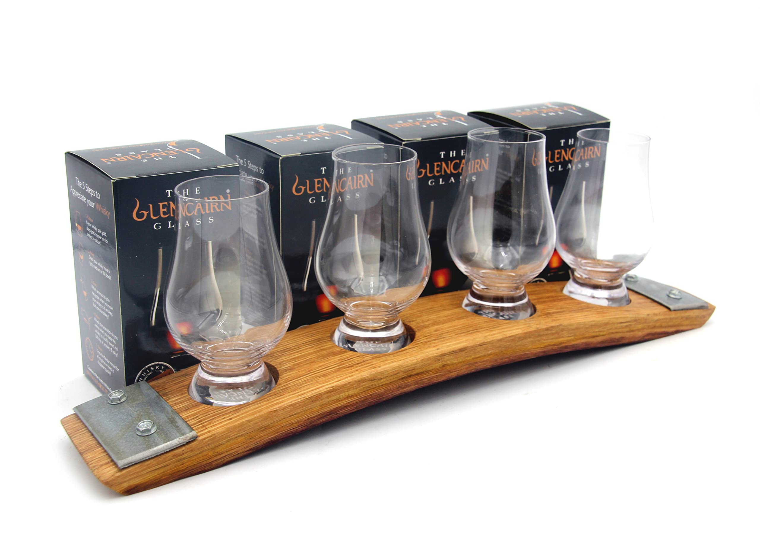 Barrel-Art Premium 4 Glass Whiskey Flight/Natural (light Oak)/ Crystal Glasses