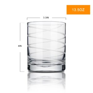 FAIRCRAFT Lowball Glasses Set of 6, 13.5oz Handmade Short Glass Tumbler, Heavy Base Ribbed Durable Carved Cup Drinking Glasses, Old Fashioned Rocks Glass for Whiskey Dishwasher Safe Glassware