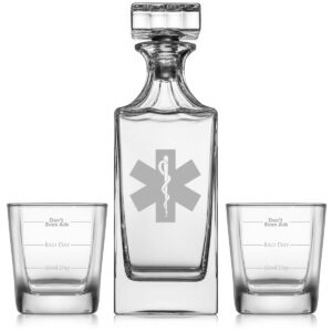 whiskey decanter gift set with 2 whiskey old fashioned rocks glasses star of life emt paramedic good day bad day don't even ask fill lines funny
