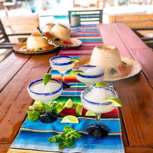 EMPORION Set of 4 Hand-Blown Margarita Glasses from Mexico with Cobalt Blue Rim - Rustic & Handcrafted Recycled Bubble Glass Drinking Glassware - 14 Oz