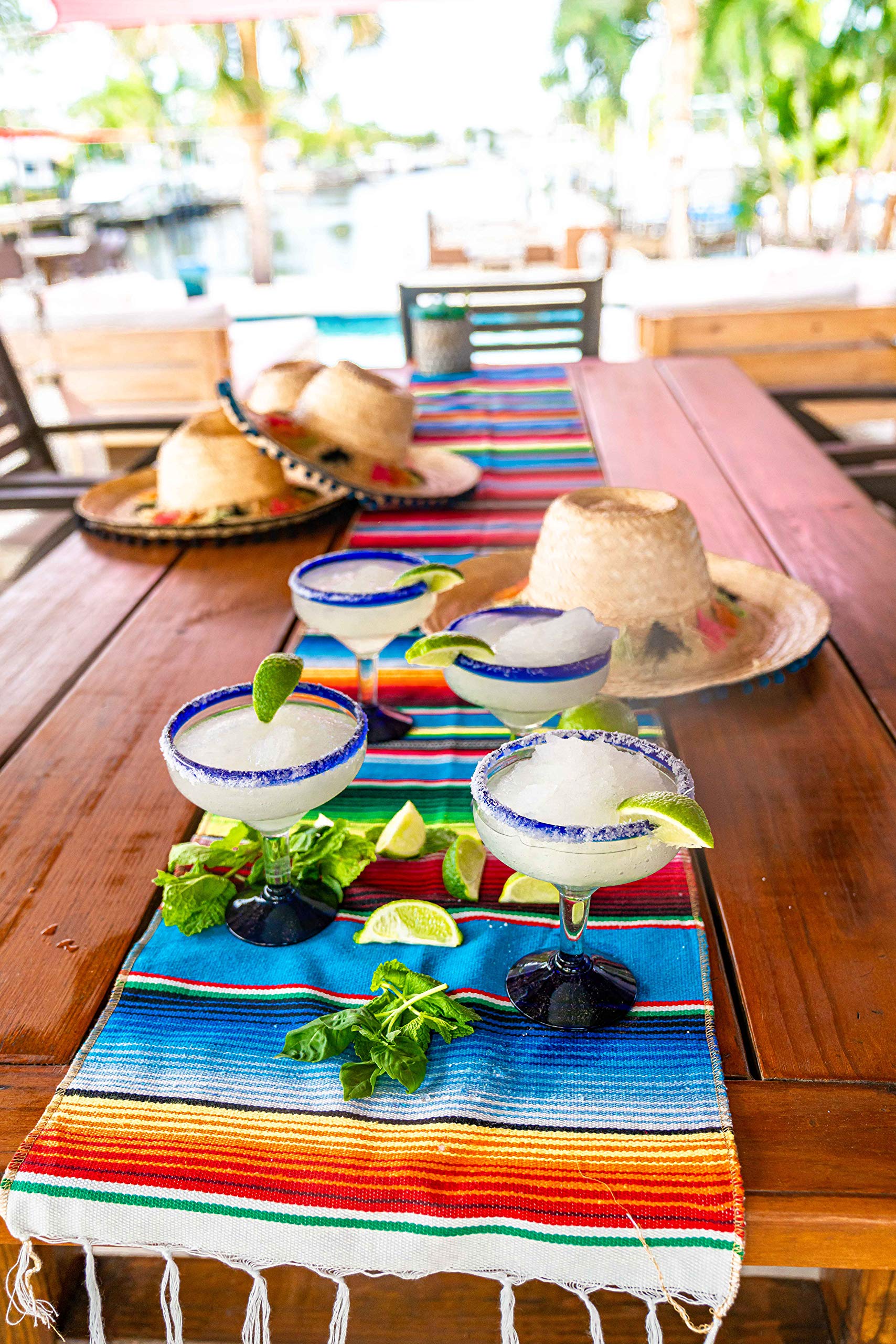 EMPORION Set of 4 Hand-Blown Margarita Glasses from Mexico with Cobalt Blue Rim - Rustic & Handcrafted Recycled Bubble Glass Drinking Glassware - 14 Oz