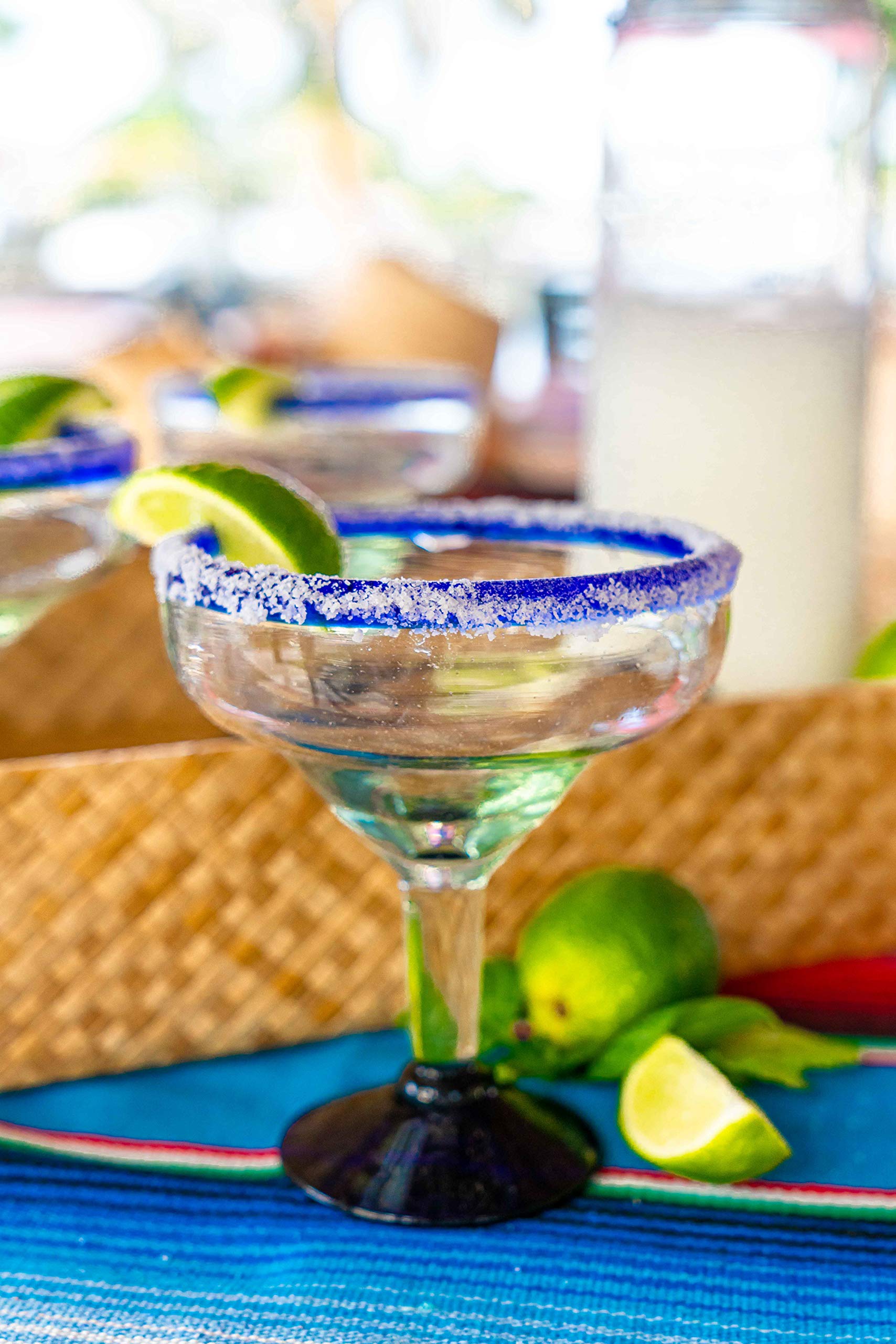 EMPORION Set of 4 Hand-Blown Margarita Glasses from Mexico with Cobalt Blue Rim - Rustic & Handcrafted Recycled Bubble Glass Drinking Glassware - 14 Oz