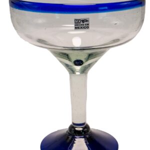 EMPORION Set of 4 Hand-Blown Margarita Glasses from Mexico with Cobalt Blue Rim - Rustic & Handcrafted Recycled Bubble Glass Drinking Glassware - 14 Oz