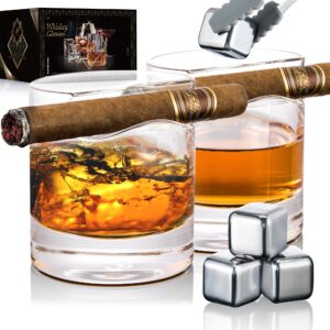 youyah cigar whiskey glasses with cigar holder-set of 2,cigar accessories,crystal glass with 4 ice cubes,tong & indented cigar rest,rocks glass,for brandy,cocktail,vodka,gifts for men