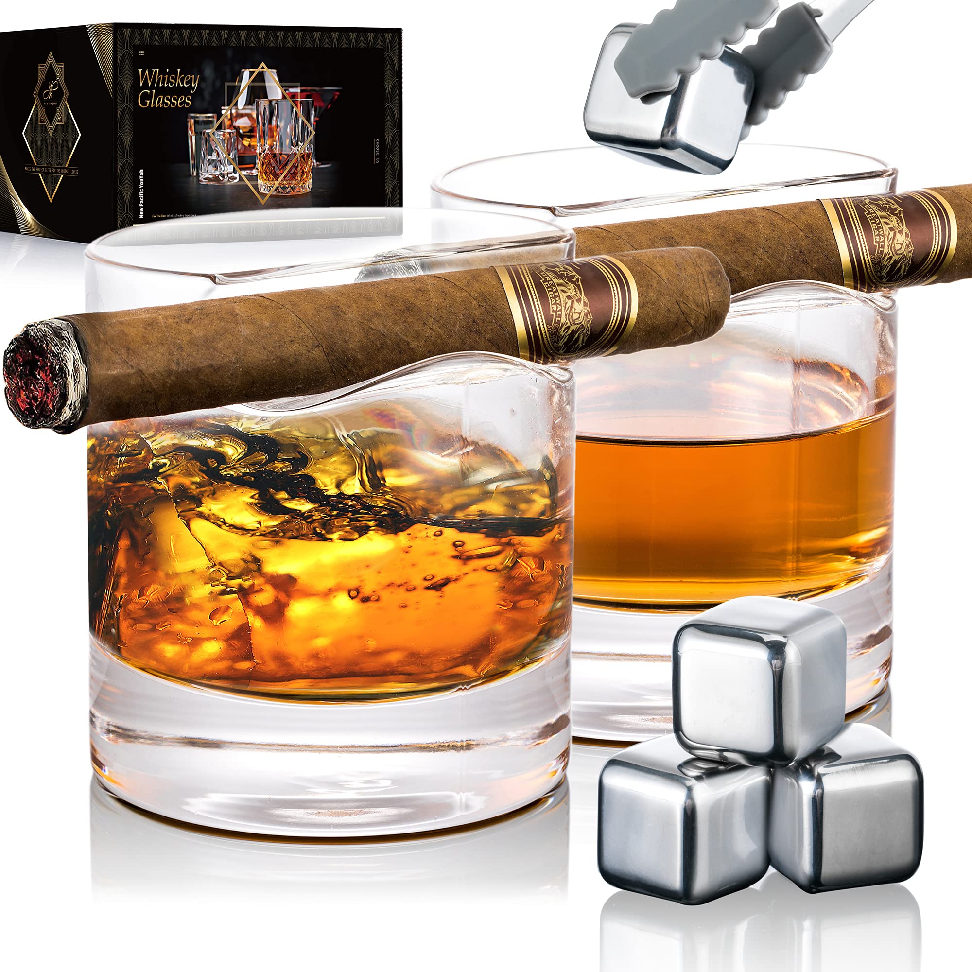 YouYah Cigar Whiskey Glasses with Cigar Holder-Set of 2,Cigar Accessories,Crystal Glass with 4 Ice Cubes,Tong & Indented Cigar Rest,Rocks Glass,for Brandy,Cocktail,Vodka,Gifts for Men