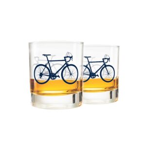 greenline goods – bicycle whiskey glasses (set of 2) |10 oz tumbler gift set with colorful cyclist designs | unique gifts for cyclists & bike riders [navy]