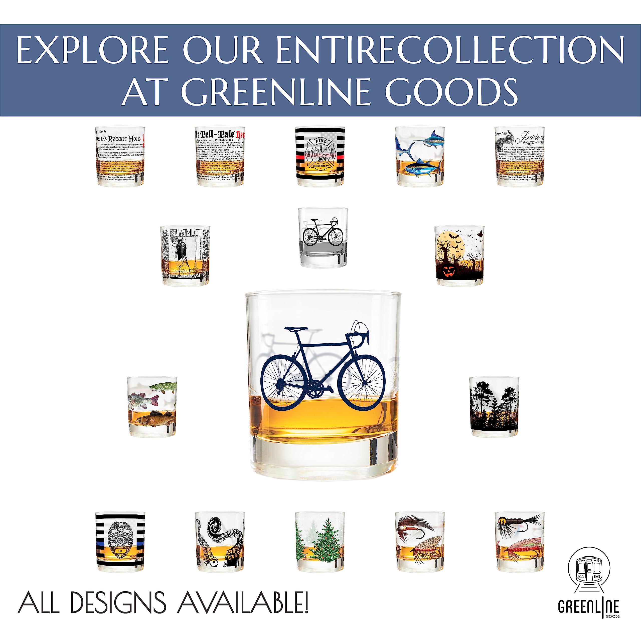 Greenline Goods – Bicycle Whiskey Glasses (Set of 2) |10 oz Tumbler Gift Set with Colorful Cyclist Designs | Unique Gifts for Cyclists & Bike Riders [Navy]