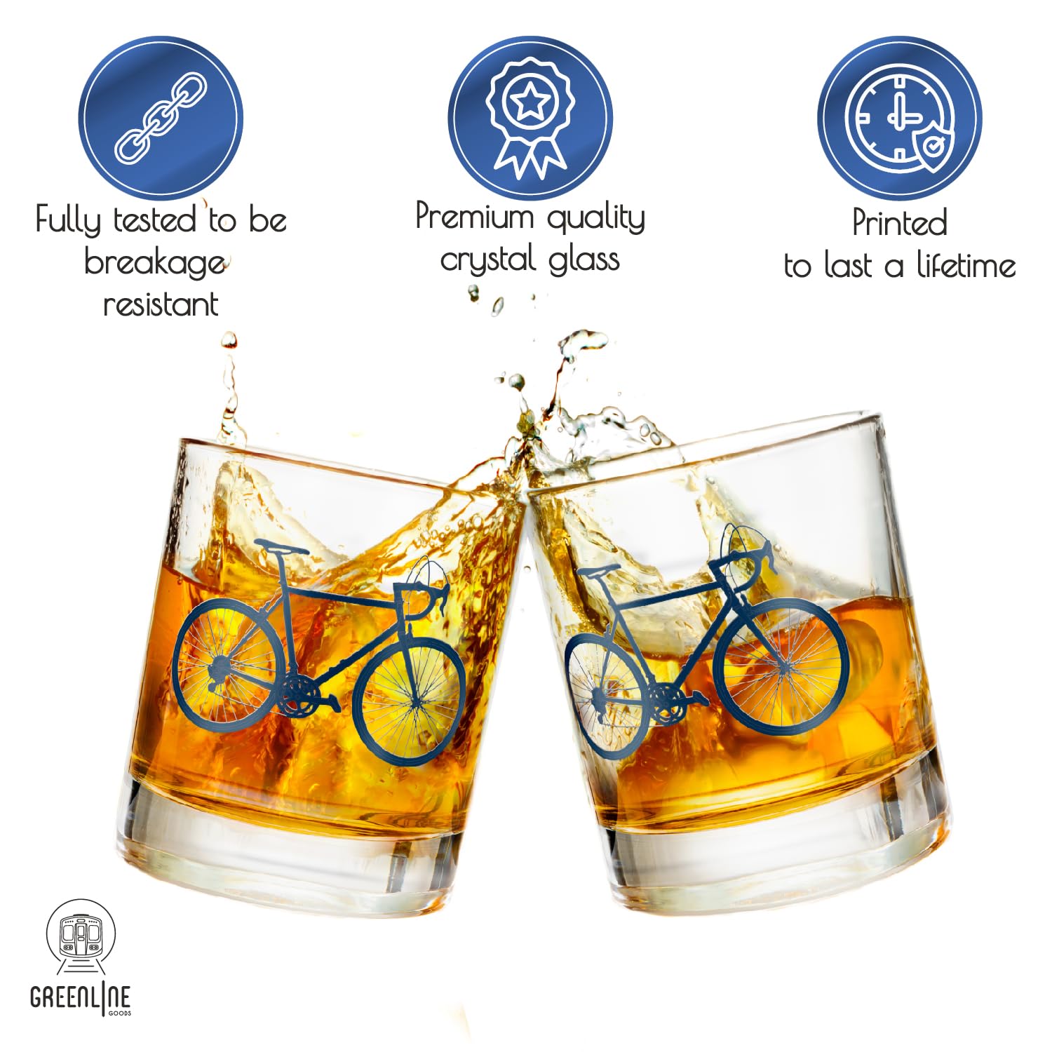 Greenline Goods – Bicycle Whiskey Glasses (Set of 2) |10 oz Tumbler Gift Set with Colorful Cyclist Designs | Unique Gifts for Cyclists & Bike Riders [Navy]