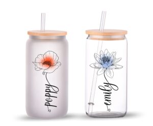 grifil zero birth month flower glass tumbler, frosted glass tumbler, bamboo lid coffee cup, horoscope birth month floral design, birthday flower