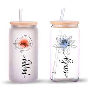 Grifil Zero Birth Month Flower Glass Tumbler, Frosted Glass Tumbler, Bamboo Lid Coffee Cup, Horoscope Birth Month Floral Design, Birthday Flower