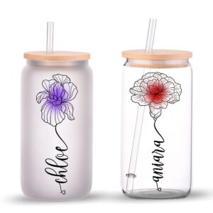 Grifil Zero Birth Month Flower Glass Tumbler, Frosted Glass Tumbler, Bamboo Lid Coffee Cup, Horoscope Birth Month Floral Design, Birthday Flower