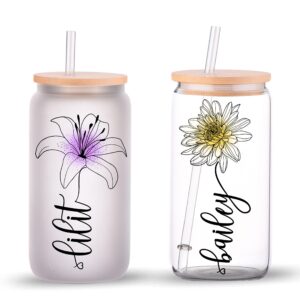 Grifil Zero Birth Month Flower Glass Tumbler, Frosted Glass Tumbler, Bamboo Lid Coffee Cup, Horoscope Birth Month Floral Design, Birthday Flower