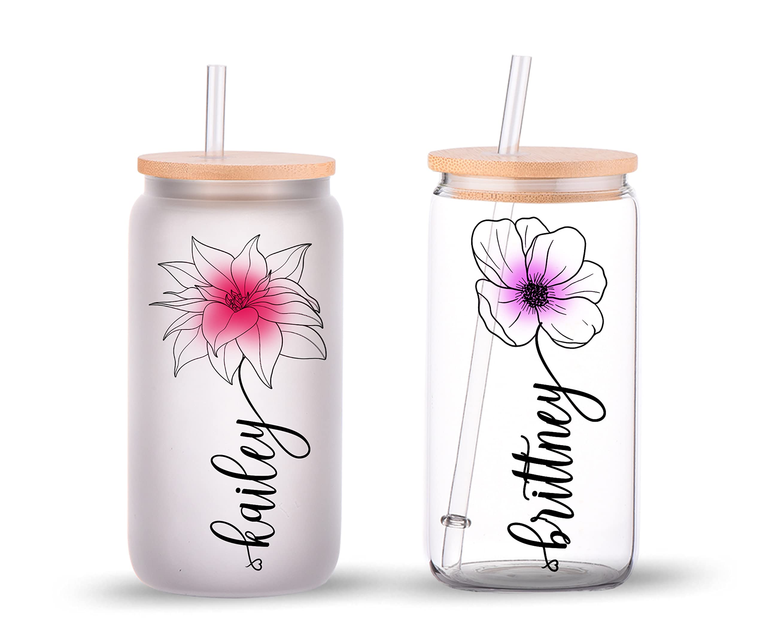 Grifil Zero Birth Month Flower Glass Tumbler, Frosted Glass Tumbler, Bamboo Lid Coffee Cup, Horoscope Birth Month Floral Design, Birthday Flower