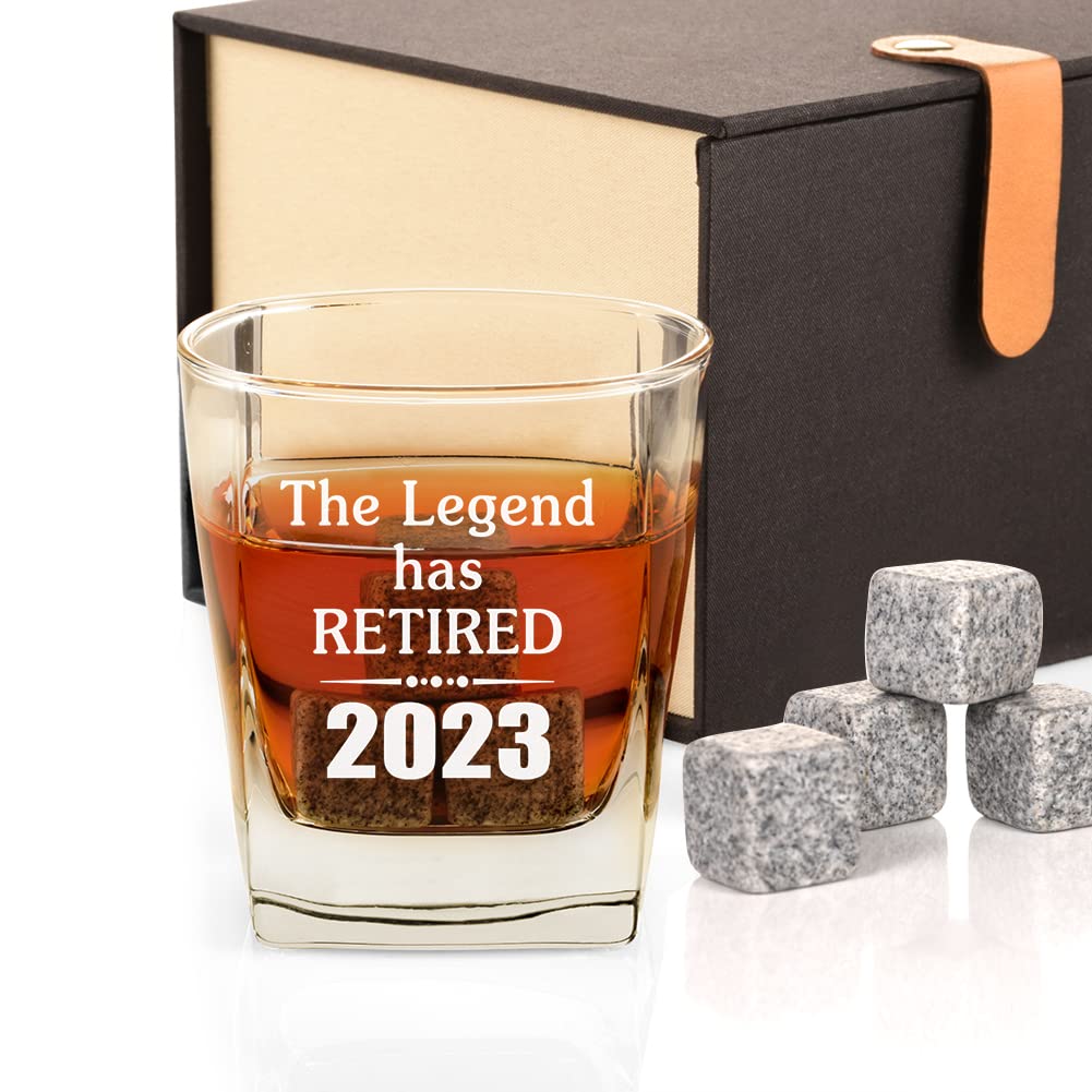 2023 Retirement Gifts for Men, Funny 2023 The Legend Has Retired Whiskey Glass and Stone Gift Set, Happy Retirement Gifts for Office Coworkers, Boss, Husband, Dad, Brother, Friends 12OZ