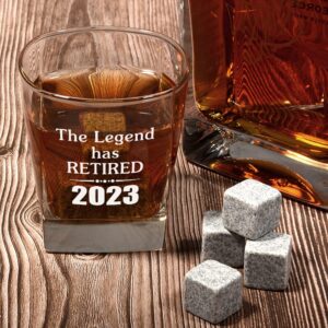 2023 Retirement Gifts for Men, Funny 2023 The Legend Has Retired Whiskey Glass and Stone Gift Set, Happy Retirement Gifts for Office Coworkers, Boss, Husband, Dad, Brother, Friends 12OZ