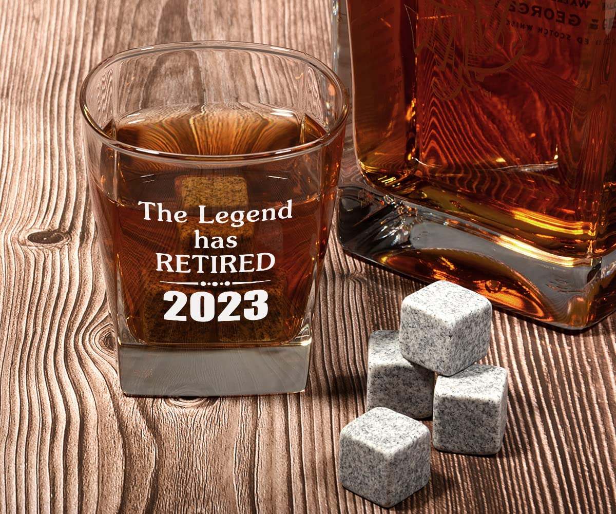 2023 Retirement Gifts for Men, Funny 2023 The Legend Has Retired Whiskey Glass and Stone Gift Set, Happy Retirement Gifts for Office Coworkers, Boss, Husband, Dad, Brother, Friends 12OZ