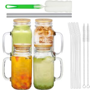 4 pack can glass set with handle,24 oz mason jar with bamboo lids and glass straws can shaped glass cups,drinking glasses, pint glasses for smoothies, tea, cola, juice,soda (4 pack)