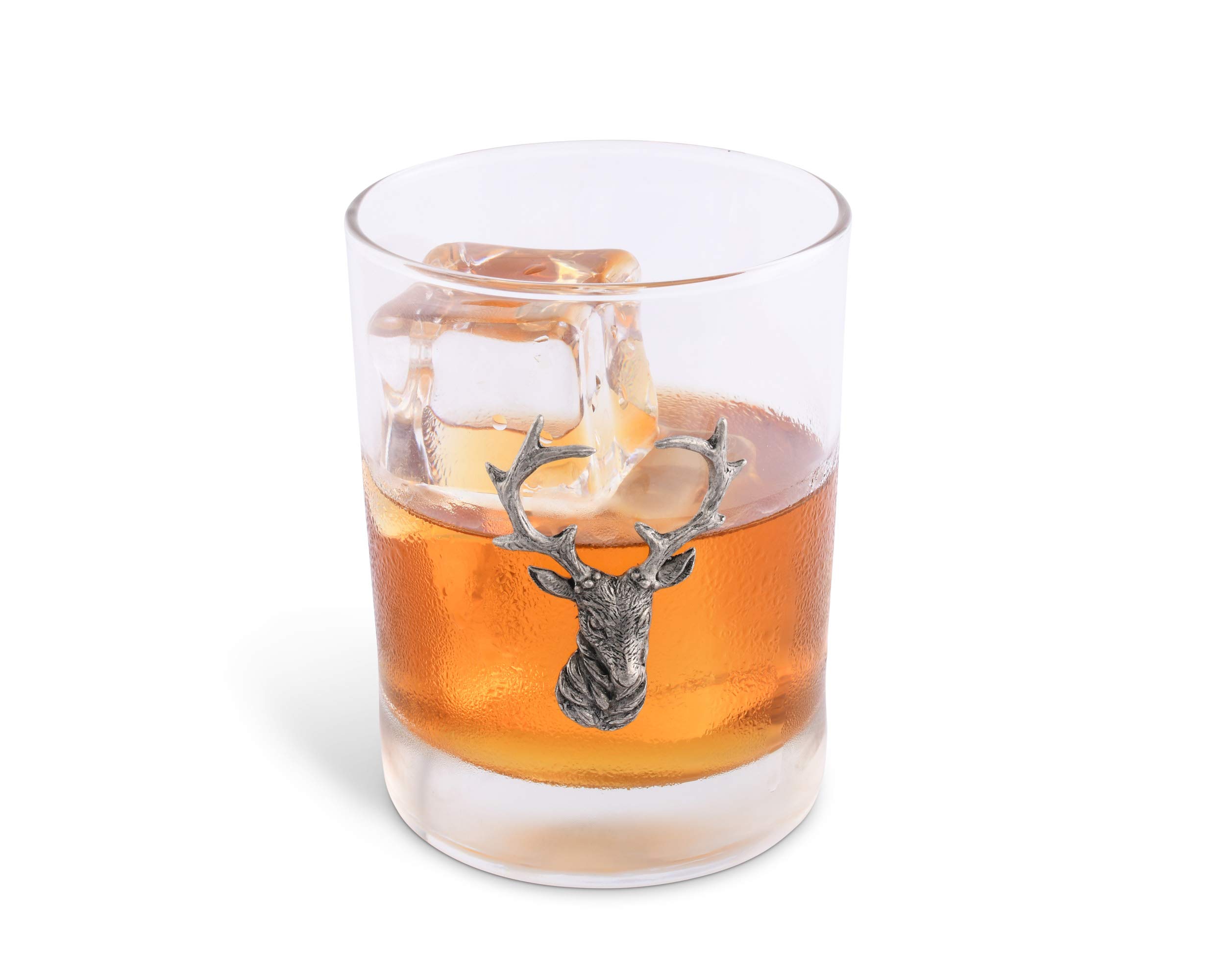 Vagabond House Pewter Elk/Deer Head Double Old Fashion/Bar/Whiskey/Juice/Rocks Deer Head Tumbler Glass Sold as Single 4.5 inch Tall 8 oz